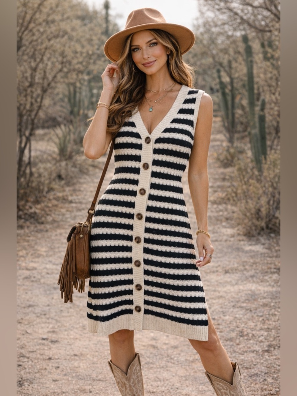 Black & Cream Striped Knit Button Front Sweater Vest cardigan Dress festival M - Picture 2 of 5